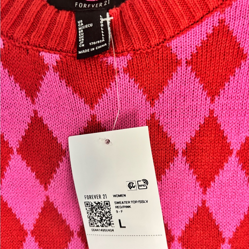 Forever 21 Red and Pink Argyle Puff Sleeve Crewneck Sweater - Picture 2 of 4